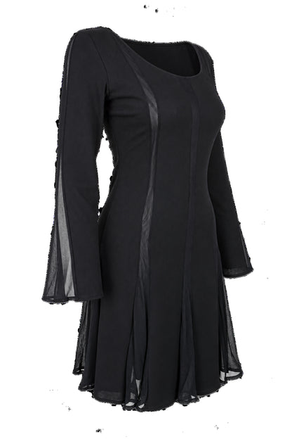 Black Chiffon Panel Long Sleeve Flared Mini Dress