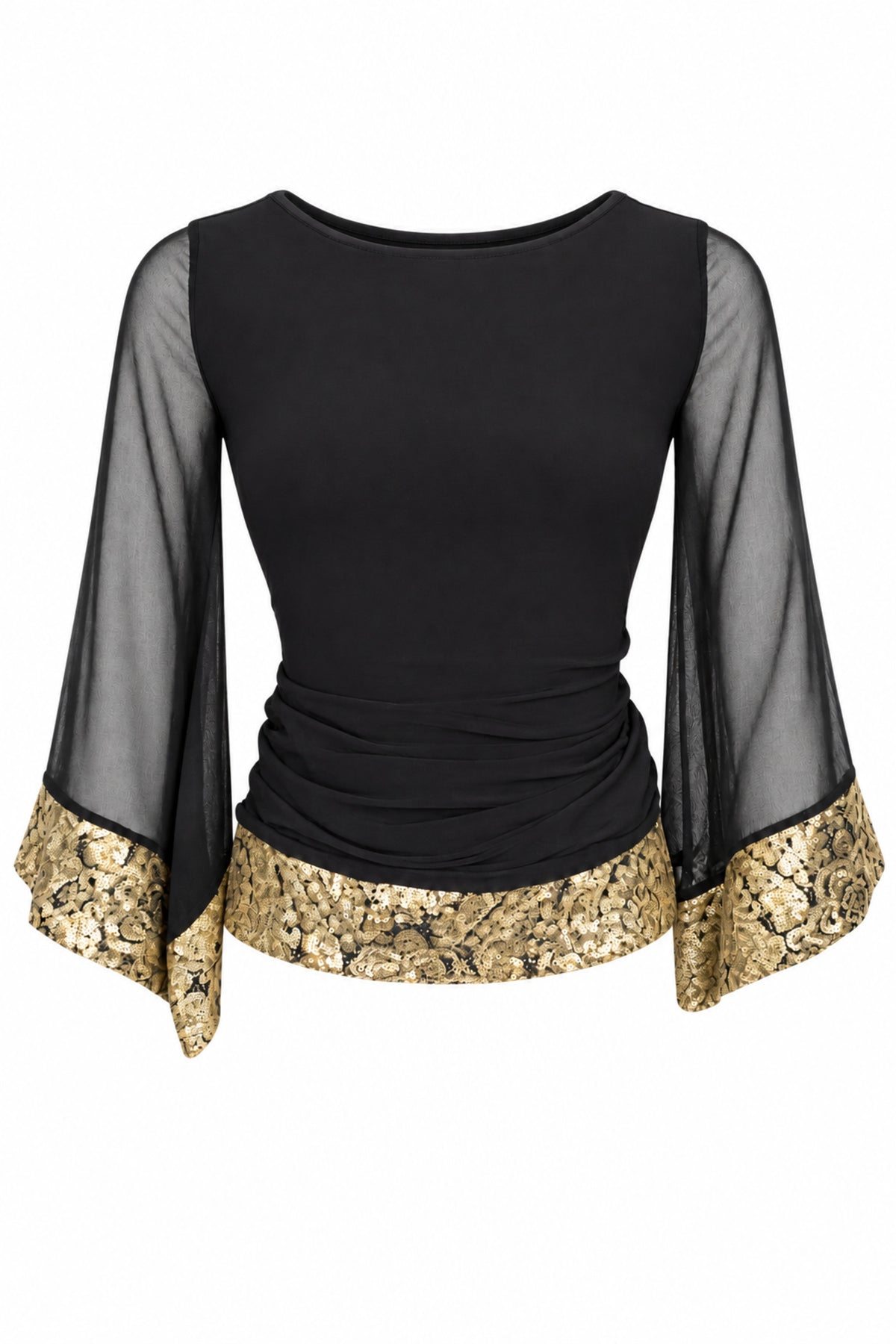 Wallis Black Chiffon Bell Sleeve Top with Gold Brocade Trim