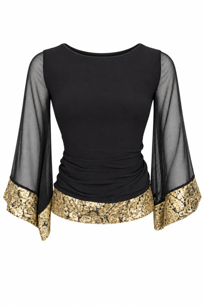 Wallis Black Chiffon Bell Sleeve Top with Gold Brocade Trim