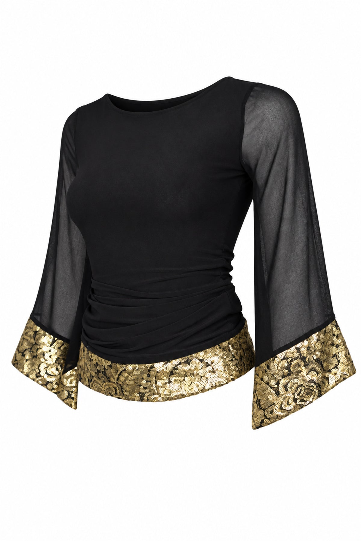 Wallis Black Chiffon Bell Sleeve Top with Gold Brocade Trim