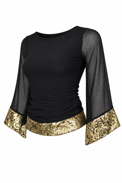 Wallis Black Chiffon Bell Sleeve Top with Gold Brocade Trim