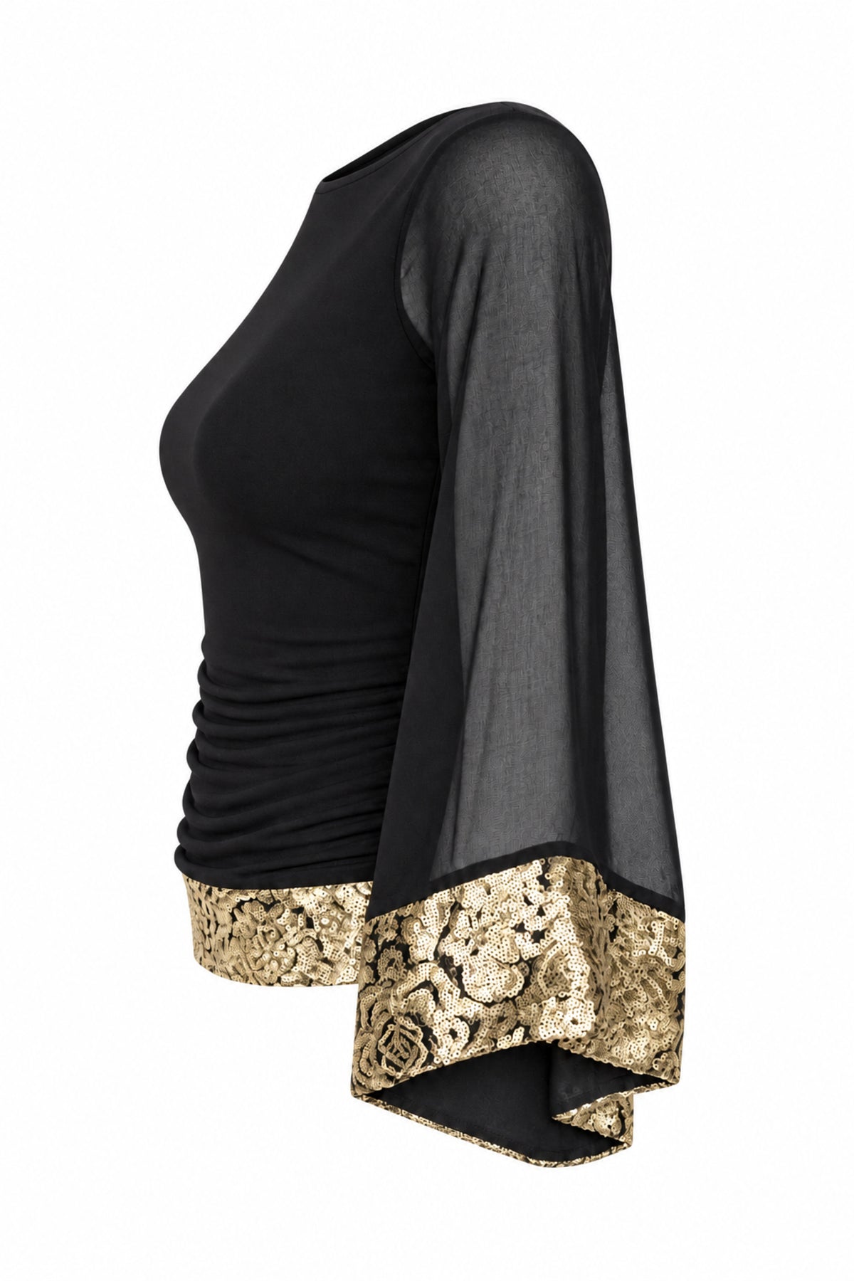 Wallis Black Chiffon Bell Sleeve Top with Gold Brocade Trim