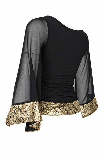 Wallis Black Chiffon Bell Sleeve Top with Gold Brocade Trim