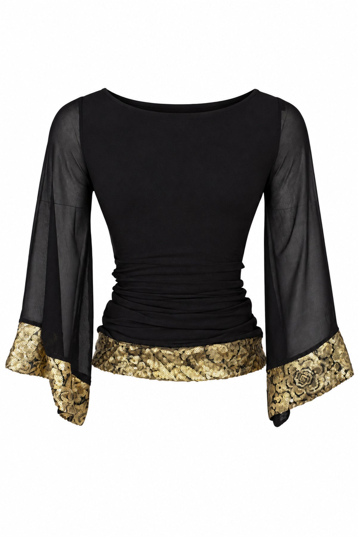 Wallis Black Chiffon Bell Sleeve Top with Gold Brocade Trim