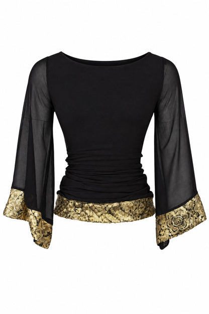 Wallis Black Chiffon Bell Sleeve Top with Gold Brocade Trim