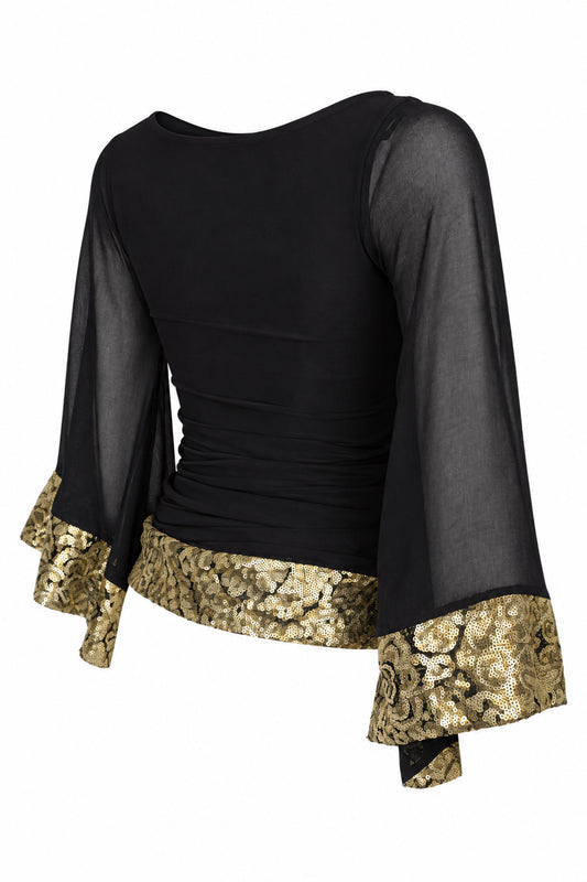 Wallis Black Chiffon Bell Sleeve Top with Gold Brocade Trim