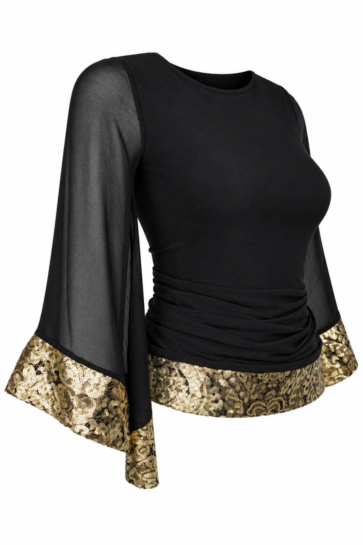 Wallis Black Chiffon Bell Sleeve Top with Gold Brocade Trim