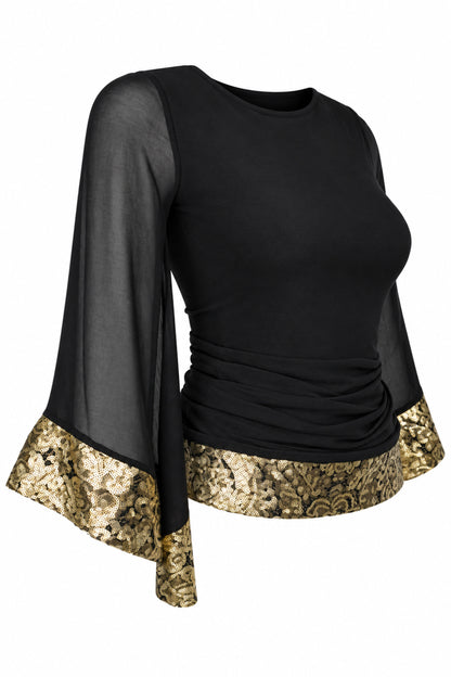 Wallis Black Chiffon Bell Sleeve Top with Gold Brocade Trim