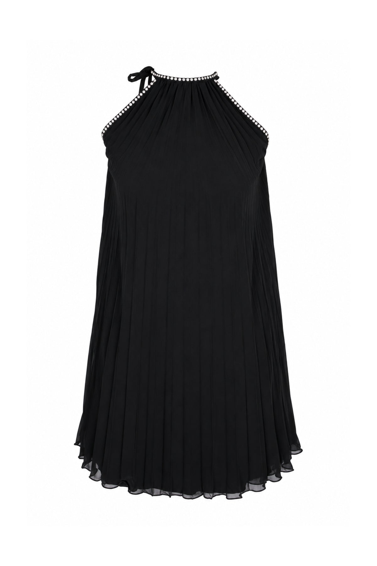 Black Pleated Chiffon Rhinestone Halter Mini Dress