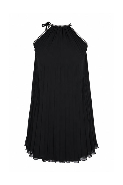 Black Pleated Chiffon Rhinestone Halter Mini Dress