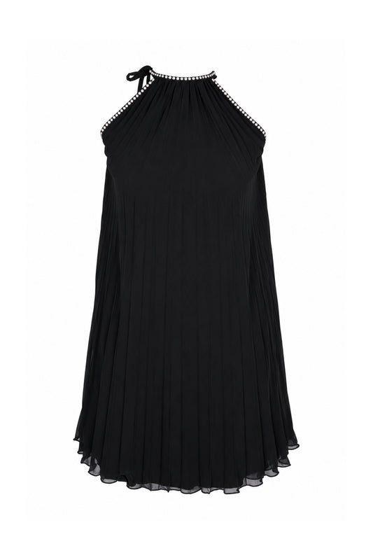 Black Pleated Chiffon Rhinestone Halter Mini Dress