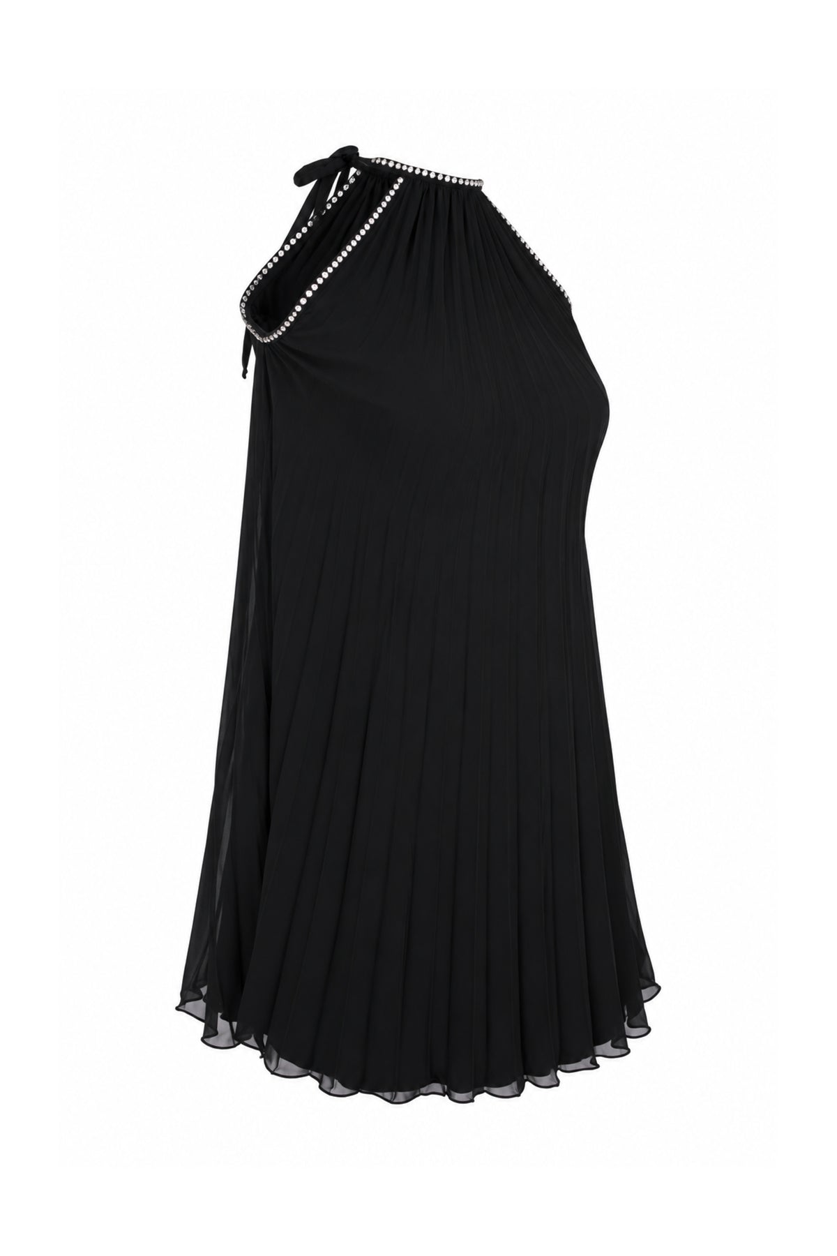 Black Pleated Chiffon Rhinestone Halter Mini Dress