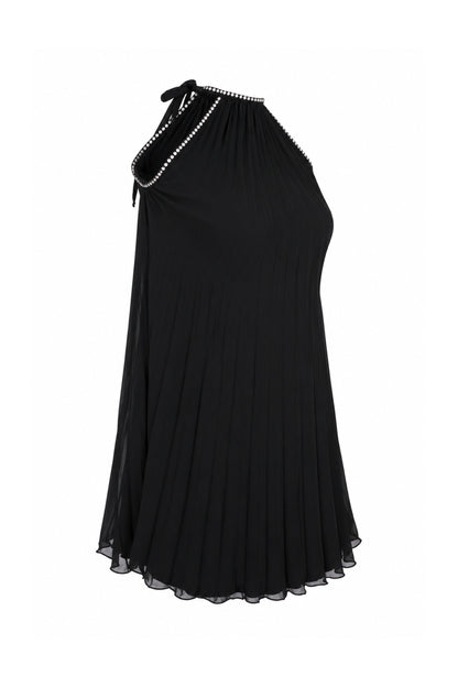Black Pleated Chiffon Rhinestone Halter Mini Dress