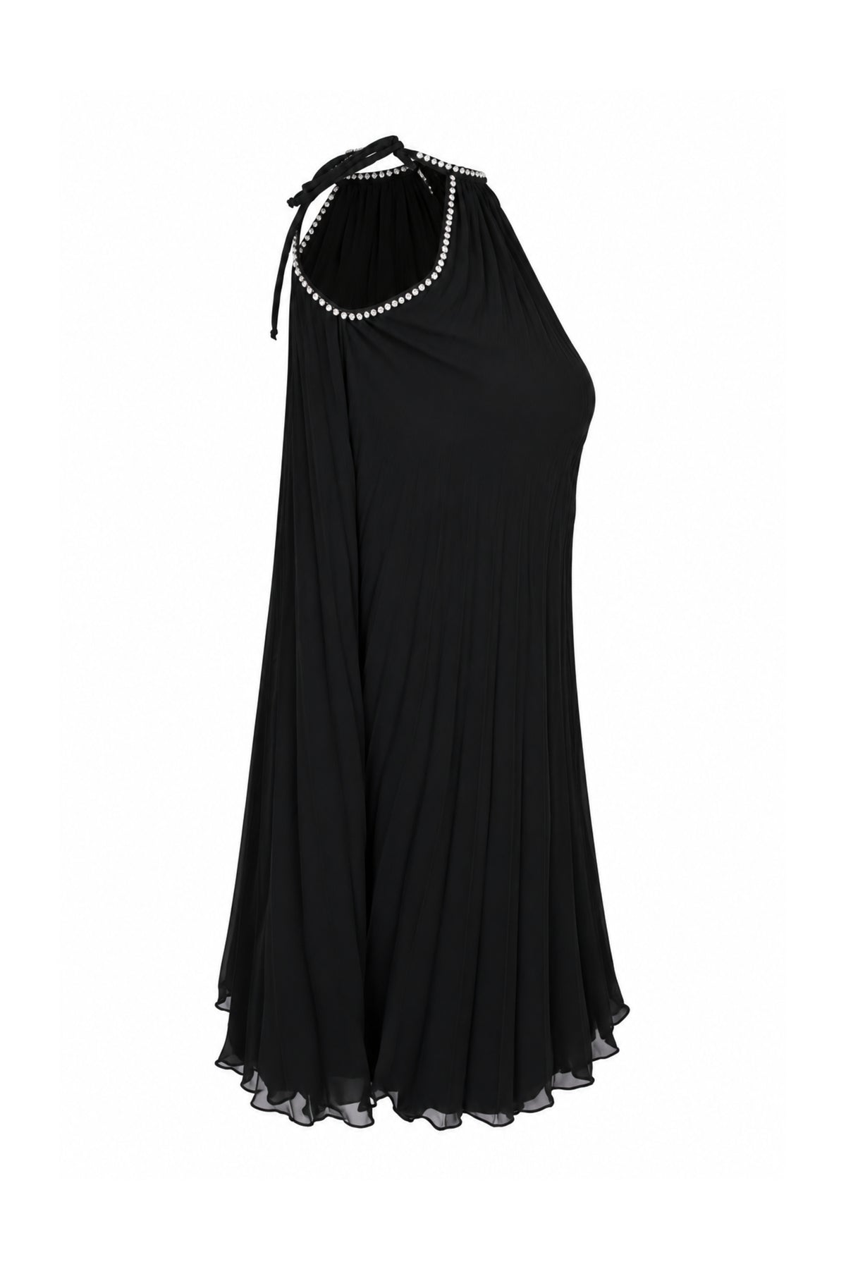 Black Pleated Chiffon Rhinestone Halter Mini Dress