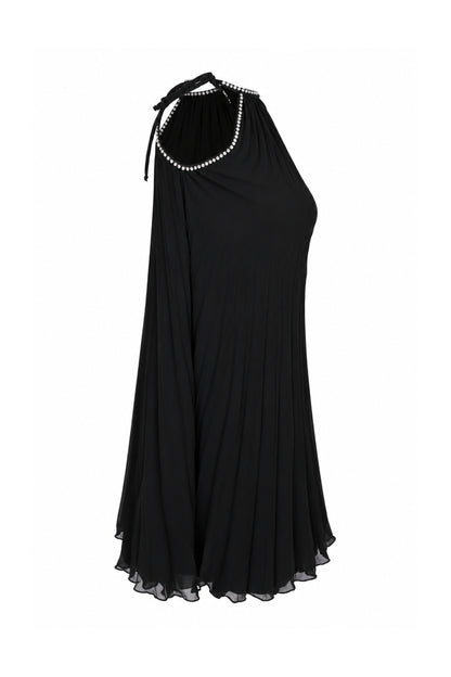 Black Pleated Chiffon Rhinestone Halter Mini Dress