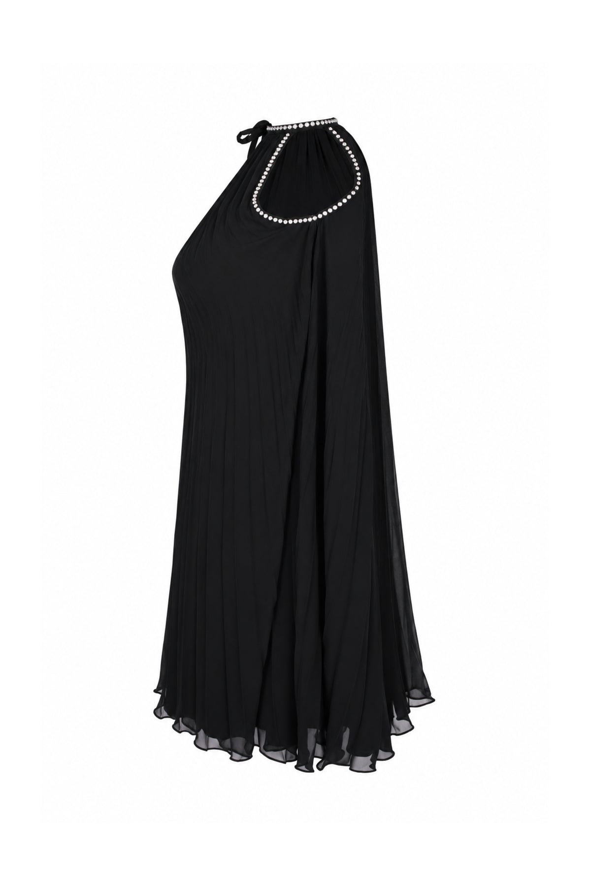 Black Pleated Chiffon Rhinestone Halter Mini Dress