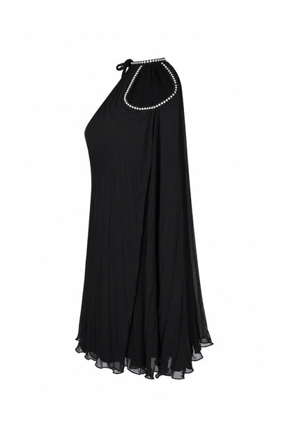 Black Pleated Chiffon Rhinestone Halter Mini Dress