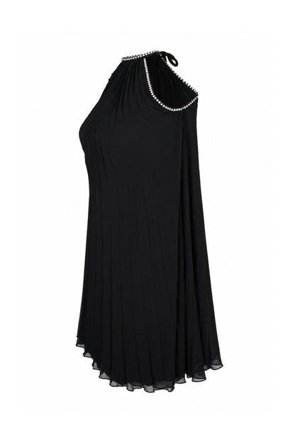 Black Pleated Chiffon Rhinestone Halter Mini Dress