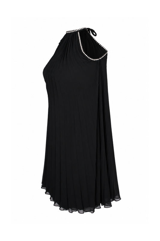 Black Pleated Chiffon Rhinestone Halter Mini Dress