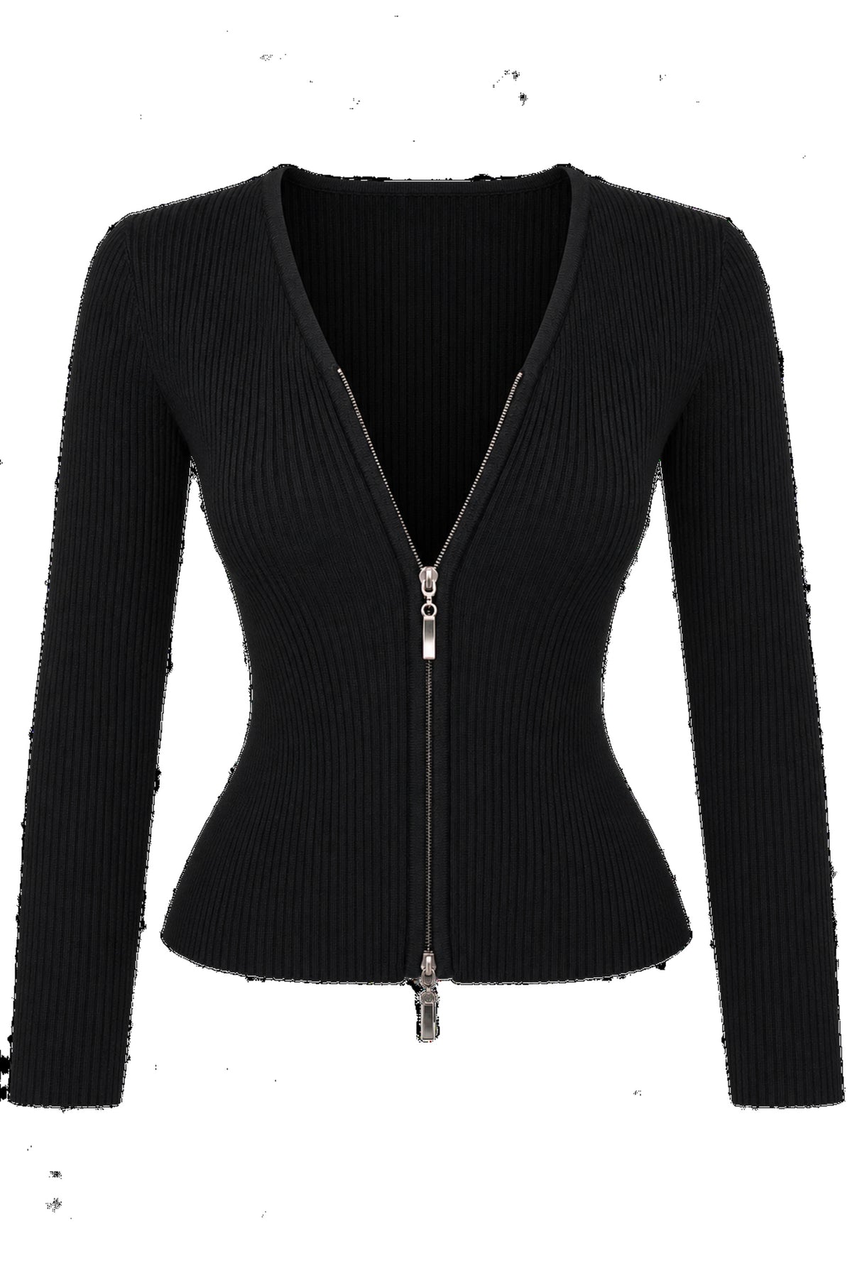 Black Ribbed Knit Zip-Front Fitted Cardigan