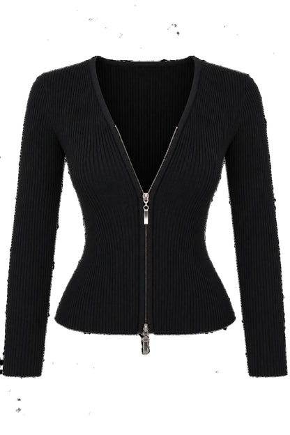 Black Ribbed Knit Zip-Front Fitted Cardigan