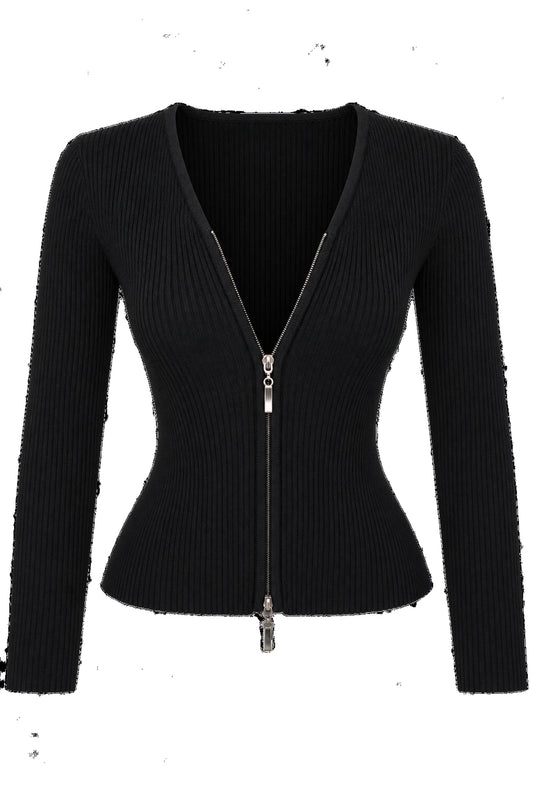 Black Ribbed Knit Zip-Front Fitted Cardigan
