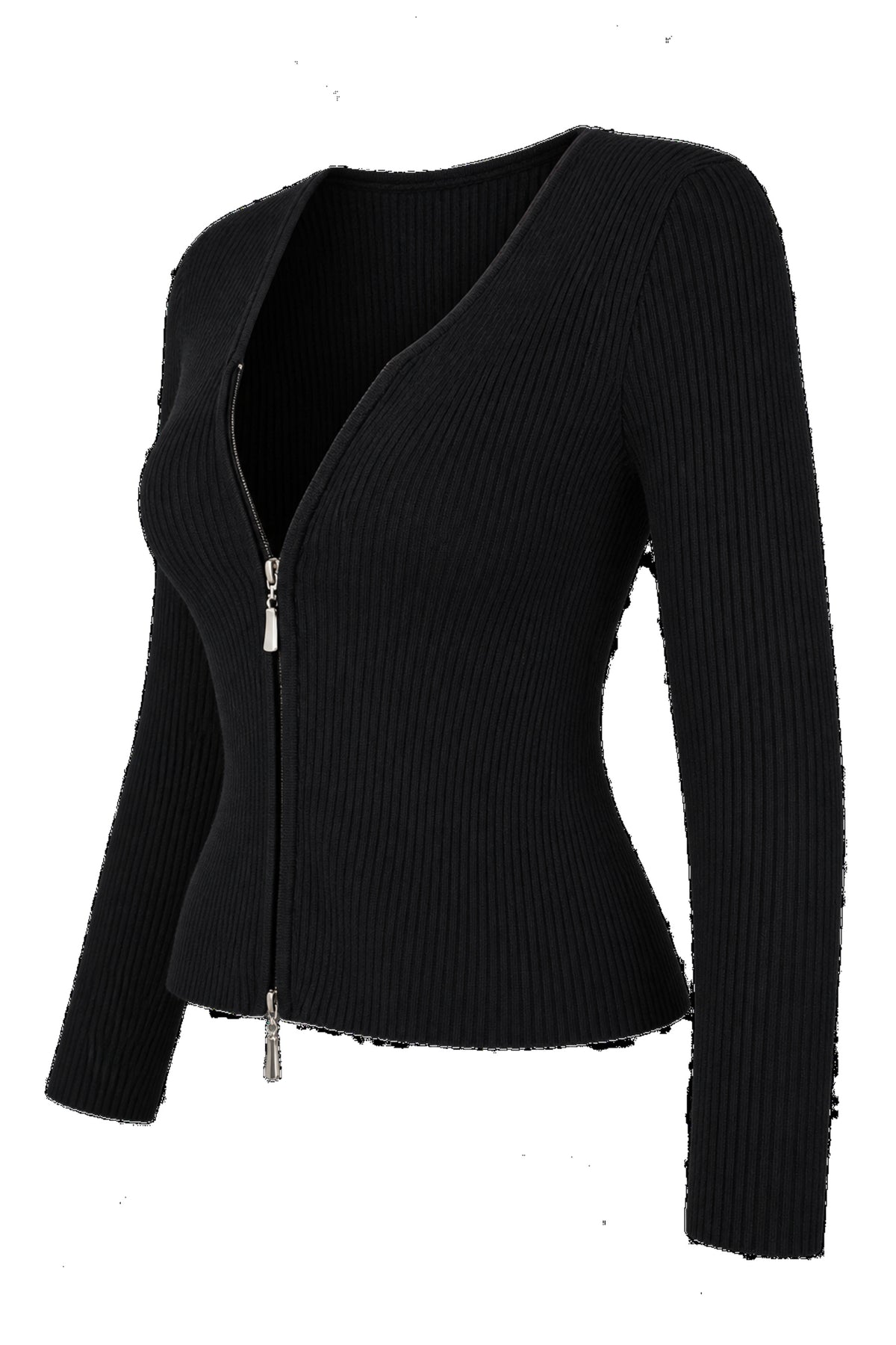 Black Ribbed Knit Zip-Front Fitted Cardigan