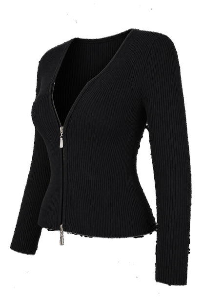 Black Ribbed Knit Zip-Front Fitted Cardigan