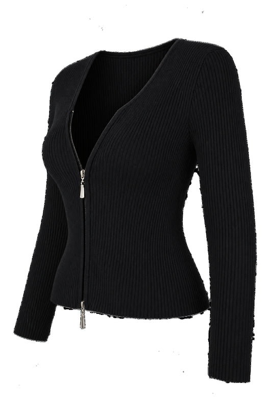Black Ribbed Knit Zip-Front Fitted Cardigan