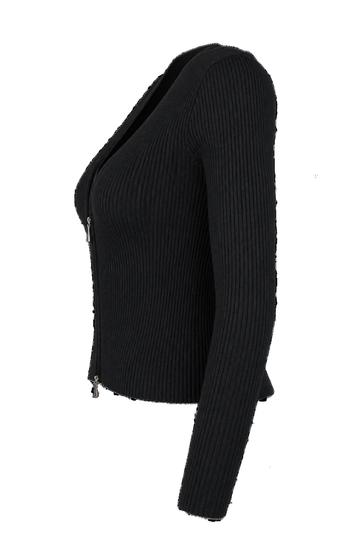 Black Ribbed Knit Zip-Front Fitted Cardigan