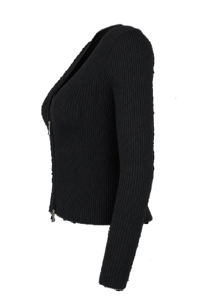 Black Ribbed Knit Zip-Front Fitted Cardigan