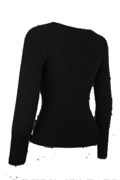 Black Ribbed Knit Zip-Front Fitted Cardigan