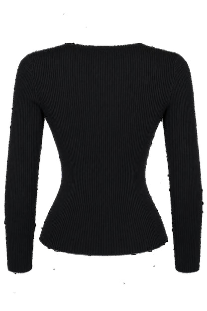 Black Ribbed Knit Zip-Front Fitted Cardigan