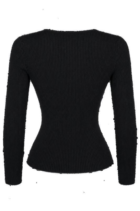 Black Ribbed Knit Zip-Front Fitted Cardigan