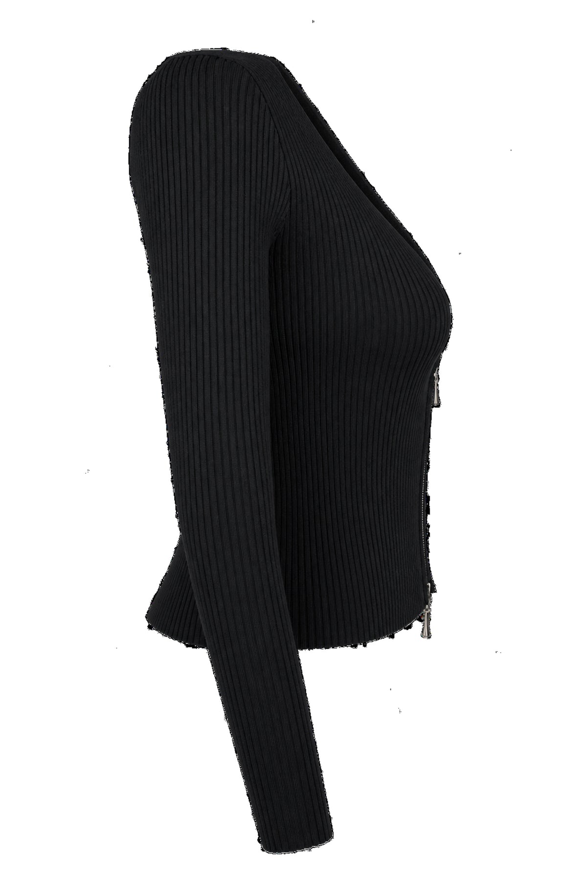 Black Ribbed Knit Zip-Front Fitted Cardigan