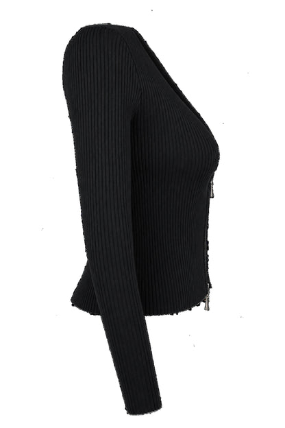 Black Ribbed Knit Zip-Front Fitted Cardigan