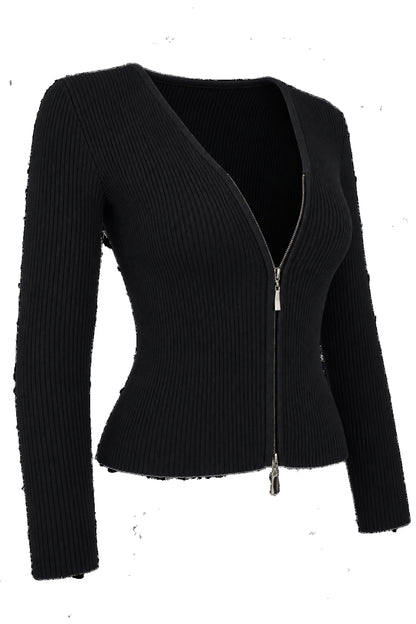 Black Ribbed Knit Zip-Front Fitted Cardigan