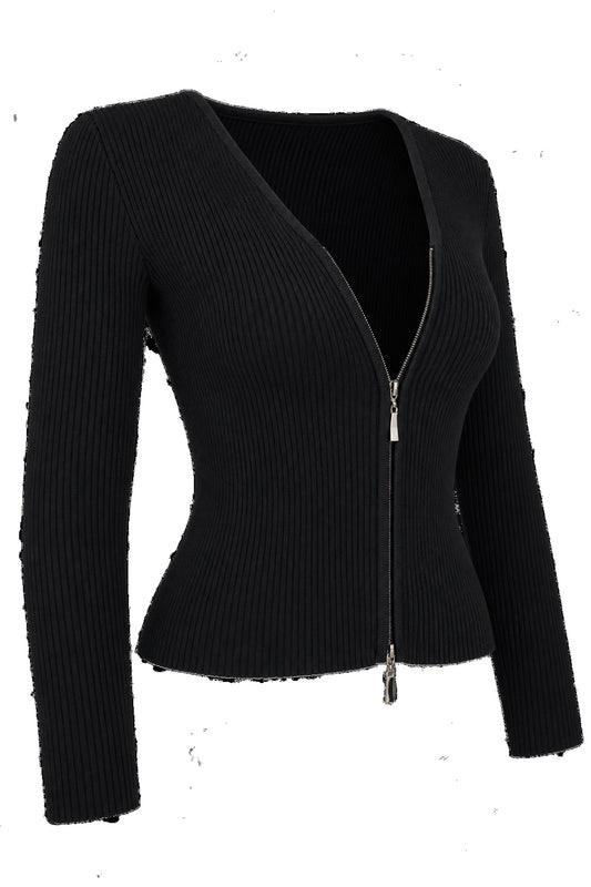 Black Ribbed Knit Zip-Front Fitted Cardigan
