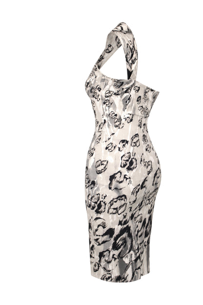 Karen Millen Grey Abstract Print Halter Pencil Dress