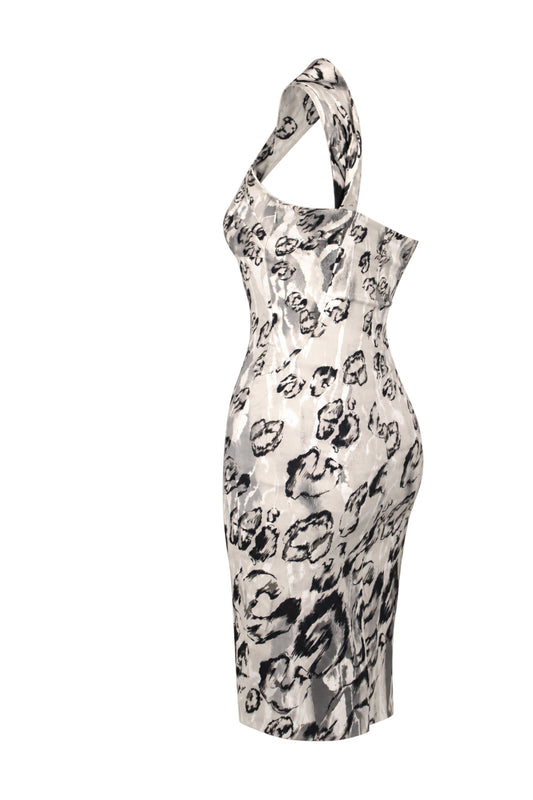 Karen Millen Grey Abstract Print Halter Pencil Dress