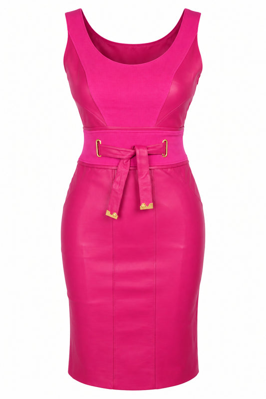 Versace Fuchsia Leather and Knit Belted Sheath Dress