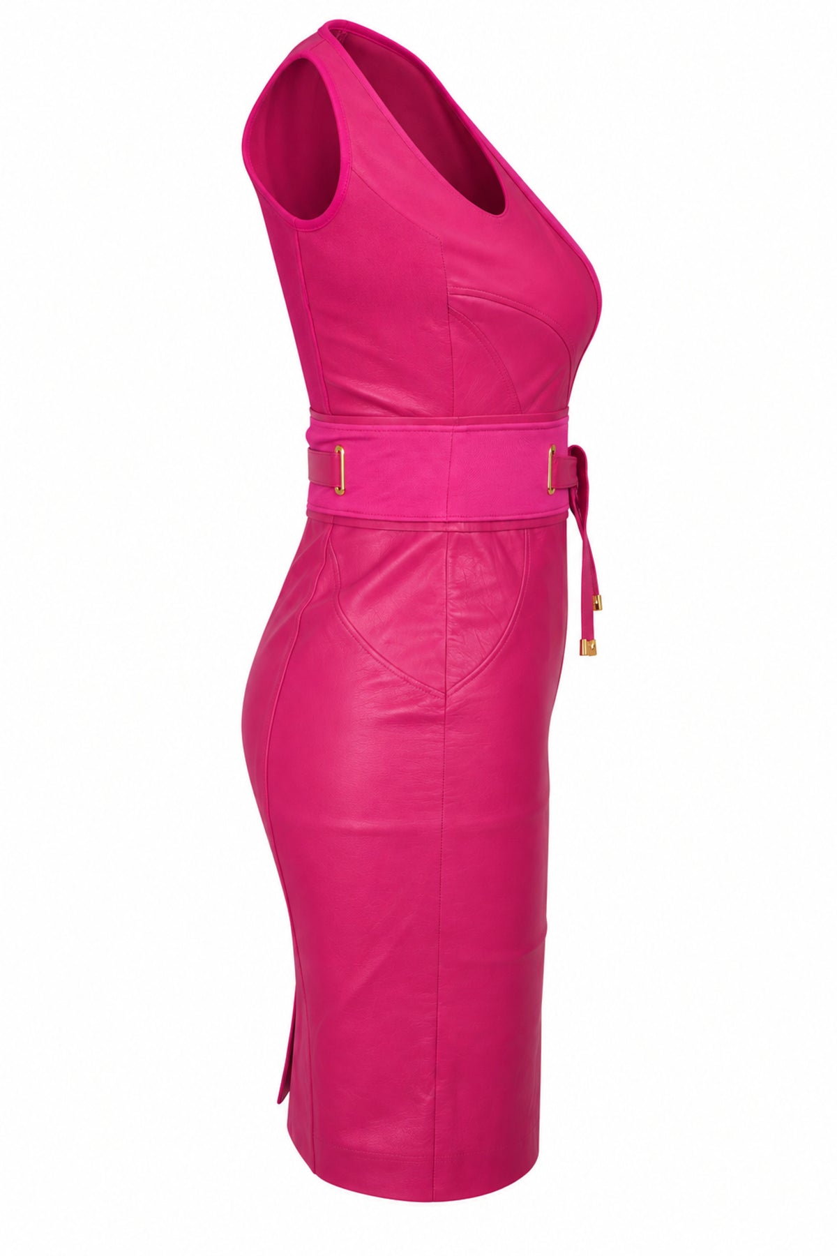Versace Fuchsia Leather and Knit Belted Sheath Dress