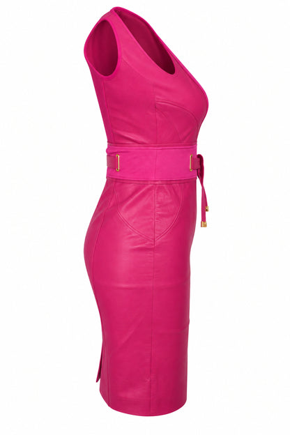 Versace Fuchsia Leather and Knit Belted Sheath Dress