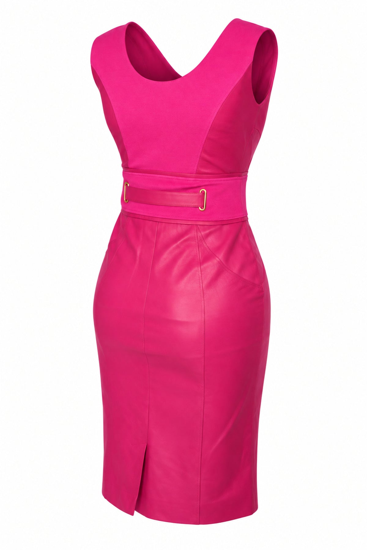 Versace Fuchsia Leather and Knit Belted Sheath Dress