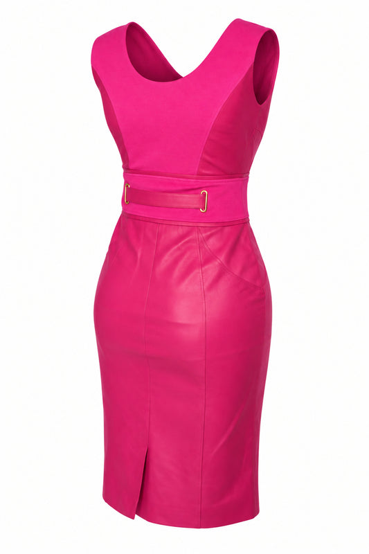 Versace Fuchsia Leather and Knit Belted Sheath Dress