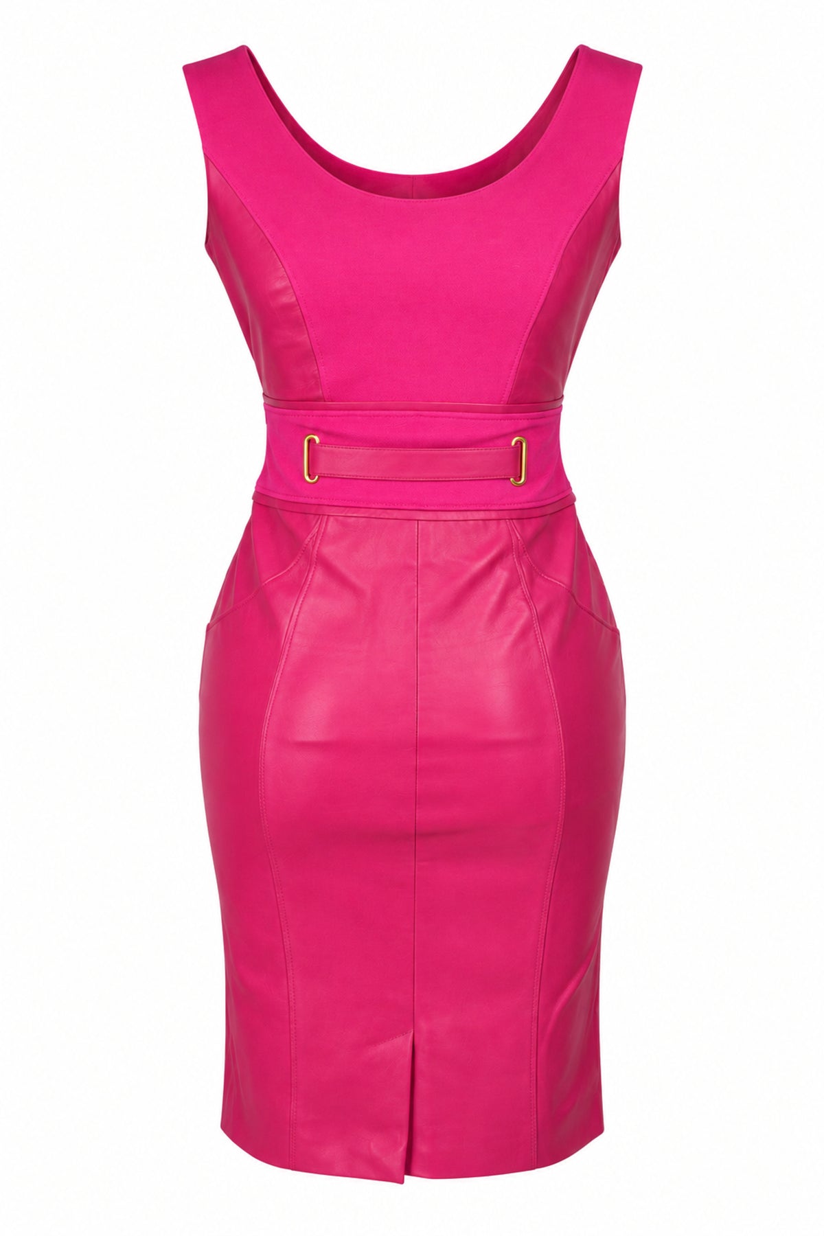 Versace Fuchsia Leather and Knit Belted Sheath Dress