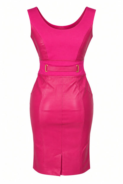 Versace Fuchsia Leather and Knit Belted Sheath Dress