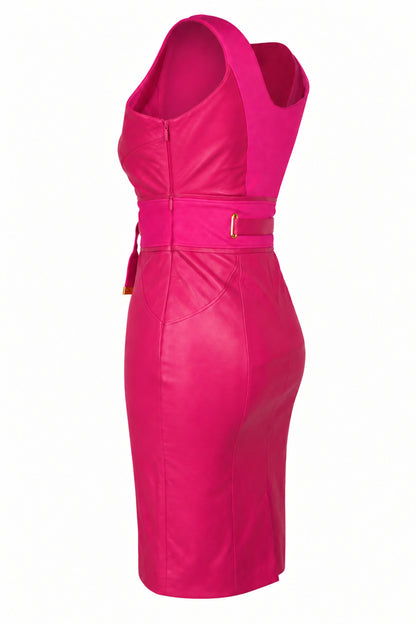 Versace Fuchsia Leather and Knit Belted Sheath Dress