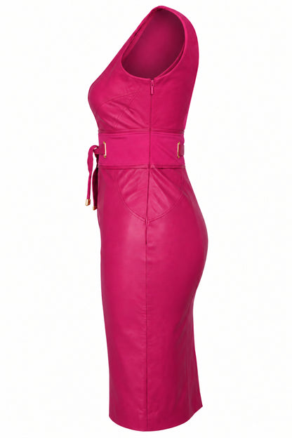 Versace Fuchsia Leather and Knit Belted Sheath Dress
