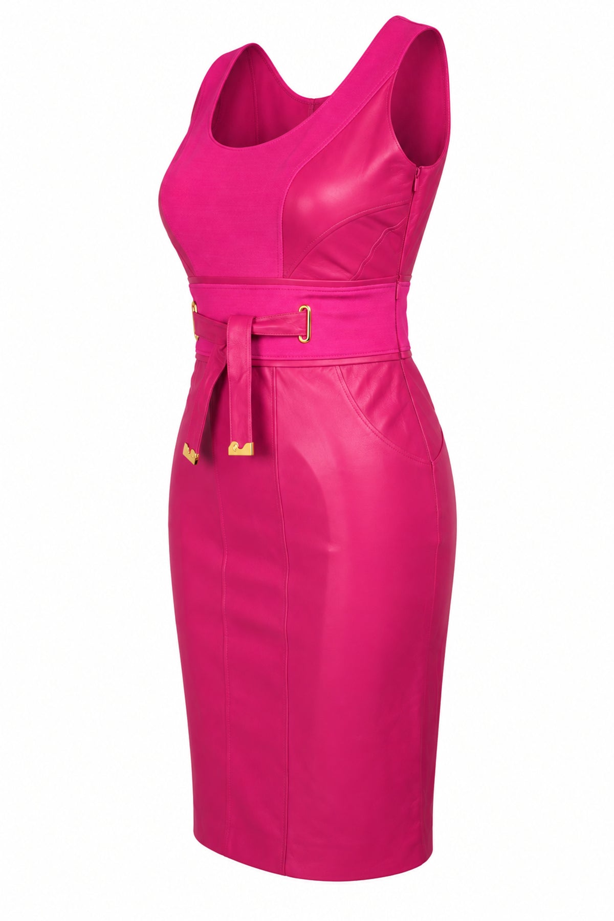 Versace Fuchsia Leather and Knit Belted Sheath Dress